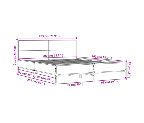 Estructura cama madera ingeniería metal roble Sonoma 200x200 cm