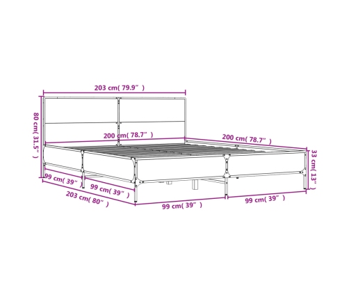 Estructura cama madera ingeniería metal gris Sonoma 200x200 cm