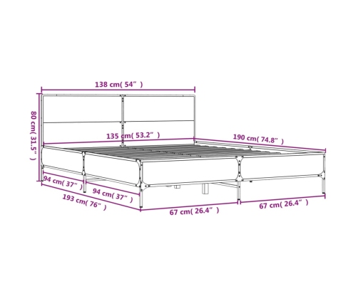 Estructura cama madera ingeniería metal roble ahumado 135x190cm