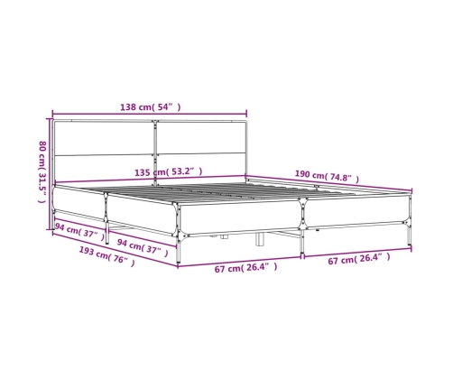 Estructura cama madera ingeniería metal marrón roble 135x190 cm