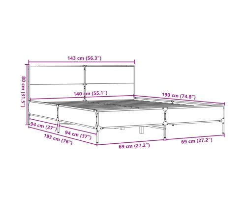 Estructura cama madera ingeniería metal roble ahumado 140x190cm