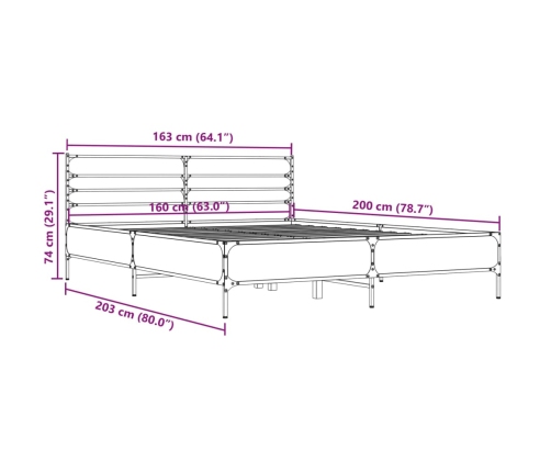 Estructura cama madera ingeniería metal roble ahumado 160x200cm