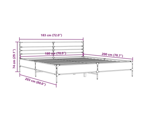 Estructura cama madera ingeniería metal marrón roble 180x200 cm