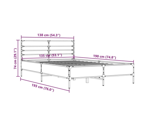 Estructura cama madera ingeniería metal roble ahumado 135x190cm