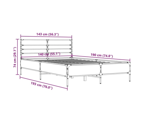 Estructura cama madera ingeniería metal roble ahumado 140x190cm