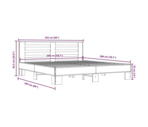 Estructura cama madera ingeniería metal roble ahumado 200x200cm