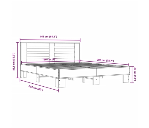 vidaXL Estructura cama madera ingeniería metal marrón roble 160x200 cm