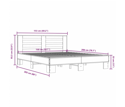 Estructura cama madera ingeniería metal roble ahumado 150x200cm