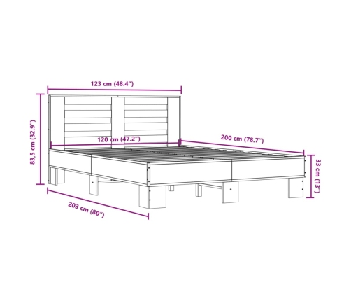 Estructura cama madera ingeniería metal marrón roble 120x200 cm