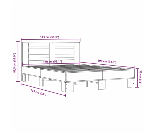 Estructura cama madera ingeniería metal roble ahumado 140x190cm