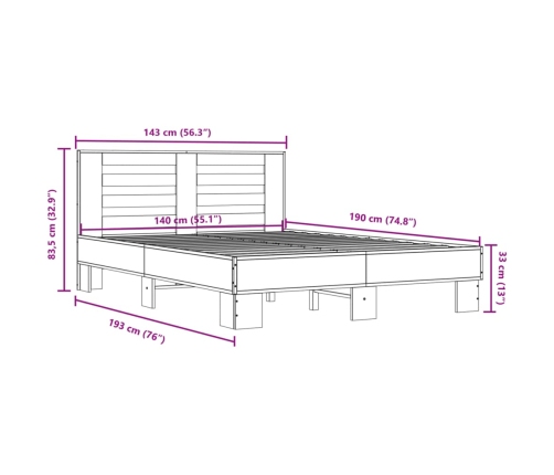 Estructura cama madera ingeniería metal marrón roble 140x190 cm