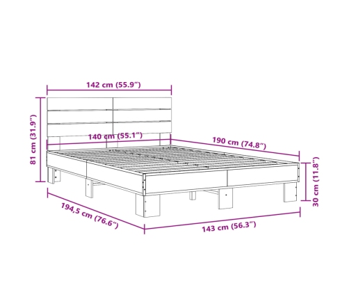 Estructura cama madera ingeniería metal gris Sonoma 140x190 cm