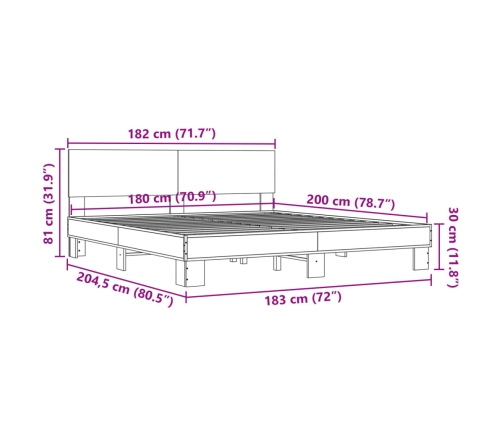 Estructura cama madera ingeniería metal roble ahumado 180x200cm