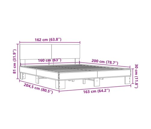 Estructura cama madera ingeniería metal gris Sonoma 160x200 cm