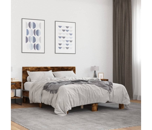 Estructura cama madera ingeniería metal roble ahumado 135x190cm