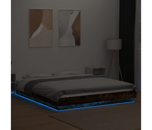 Estructura cama con luces LED madera roble ahumado 160x200 cm