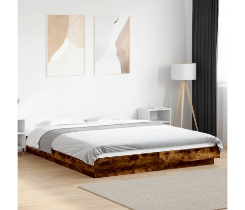 Estructura cama con luces LED madera roble ahumado 160x200 cm