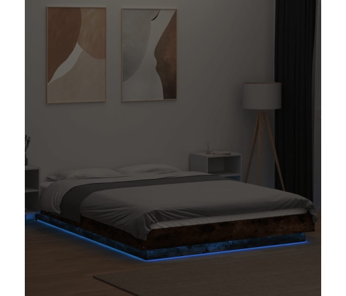 Estructura cama con luces LED madera roble ahumado 135x190 cm