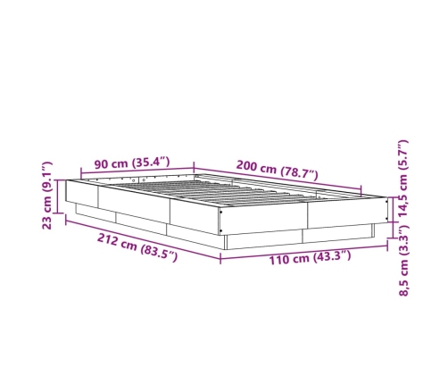 Estructura de cama madera de ingeniería roble ahumado 90x200 cm