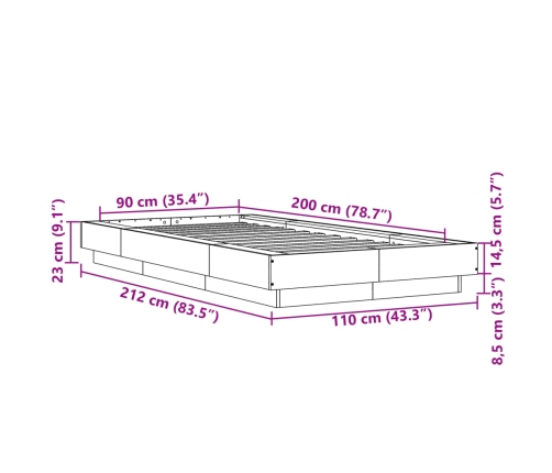 Estructura de cama madera de ingeniería gris Sonoma 90x200 cm