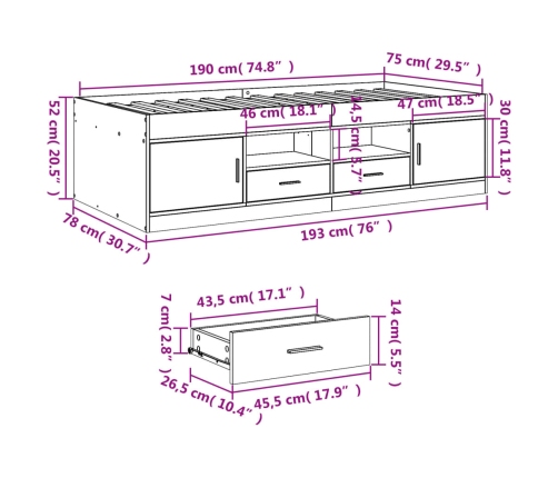 vidaXL Tumbona con cajones madera ingeniería roble Sonoma 75x190 cm