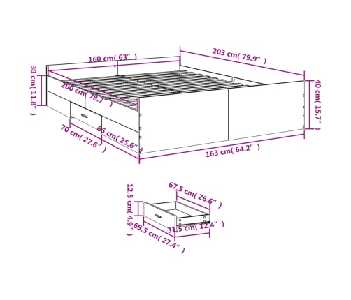 Estructura cama con cajones madera ingeniería negra 160x200 cm