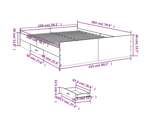 Cama con cajones madera ingeniería gris hormigón 150x200 cm