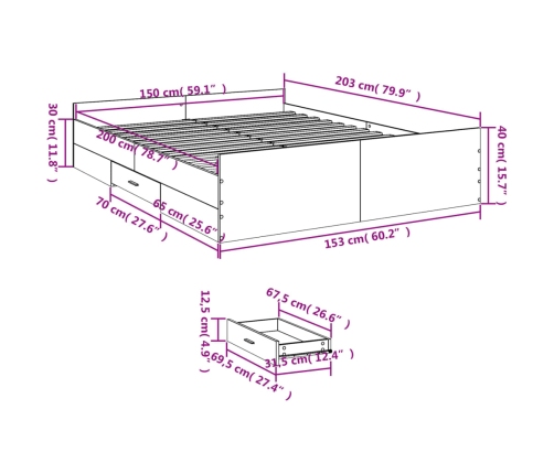 Cama con cajones madera de ingeniería roble ahumado 150x200 cm