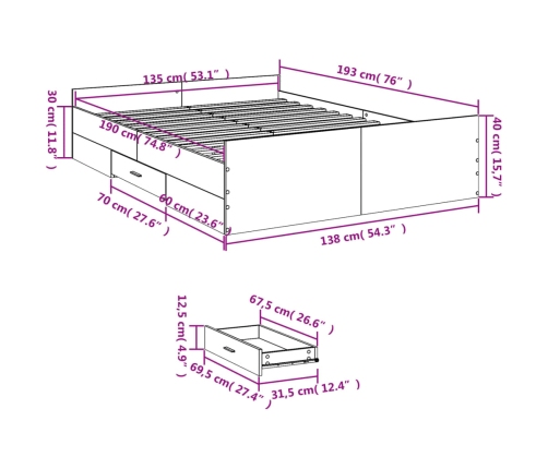 Cama con cajones madera de ingeniería negro 135x190 cm