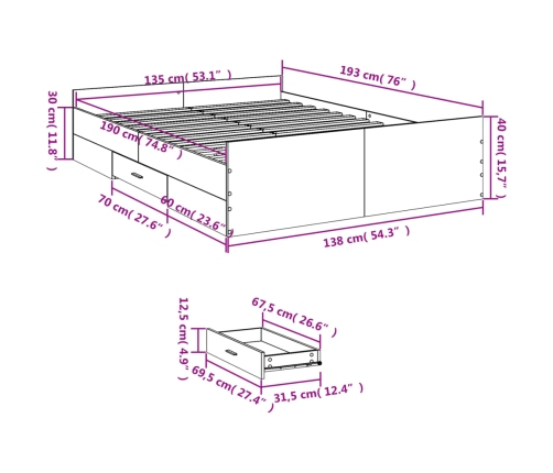 Cama con cajones madera de ingeniería gris Sonoma 135x190 cm