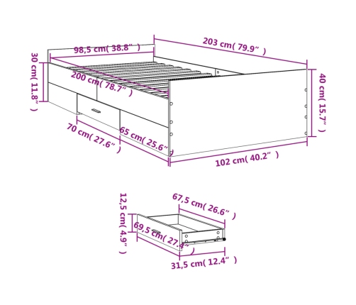 Cama con cajones madera ingeniería gris hormigón 100x200 cm