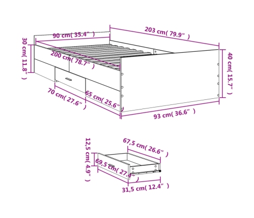 Cama con cajones madera de ingeniería negra 90x200 cm