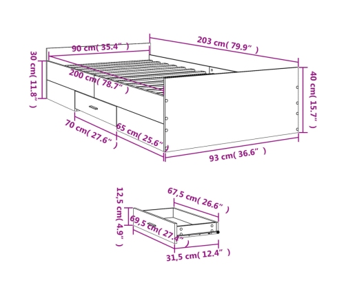 Cama con cajones madera de ingeniería roble ahumado 90x200 cm