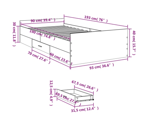 Cama con cajones madera de ingeniería roble ahumado 90x190 cm