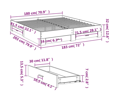 vidaXL Cama con cajones madera ingeniería roble Sonoma 180x200 cm