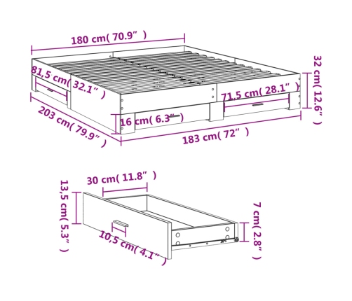 Cama con cajones madera ingeniería gris Sonoma 180x200 cm