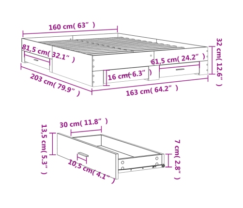 vidaXL Cama con cajones madera ingeniería gris hormigón 160x200 cm