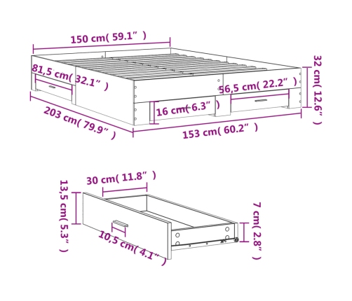 Cama con cajones madera ingeniería gris Sonoma 150x200 cm