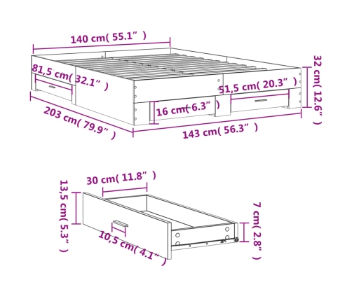 Cama con cajones madera de ingeniería negro 140x200 cm