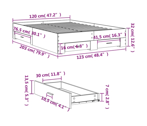 Cama con cajones madera de ingeniería roble ahumado 120x200 cm