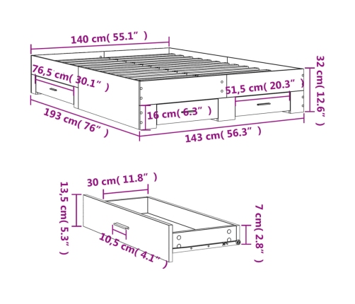 vidaXL Cama con cajones madera de ingeniería roble ahumado 140x190 cm