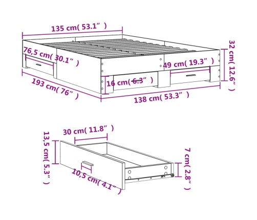 Cama con cajones madera ingeniería roble Sonoma 135x190 cm