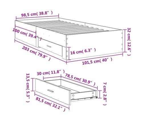 Cama con cajones madera de ingeniería negro 100x200 cm