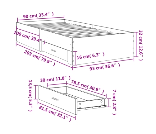 Cama con cajones madera ingeniería gris hormigón 90x200 cm