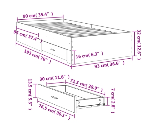 vidaXL Cama con cajones madera ingeniería roble Sonoma 90x190 cm