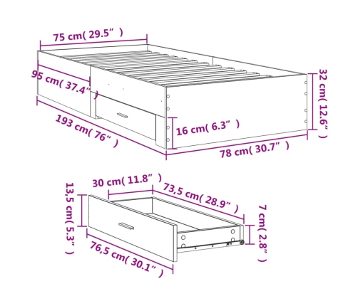 vidaXL Cama con cajones madera de ingeniería blanca 75x190 cm