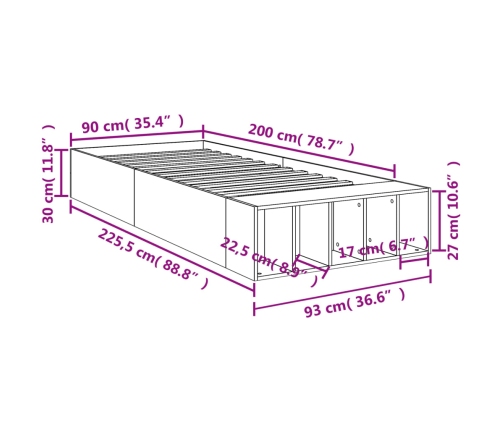 Estructura de cama madera de ingeniería gris hormigón 90x200cm