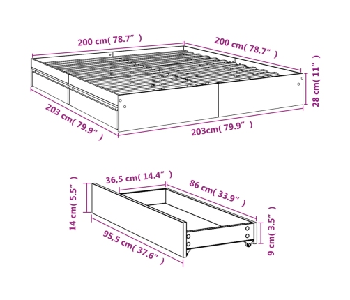 Cama con cajones madera ingeniería gris hormigón 200x200 cm