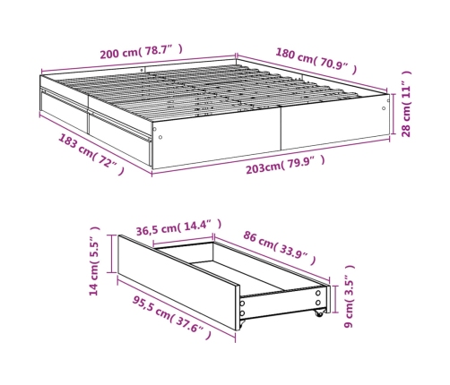 Cama con cajones madera ingeniería gris Sonoma 180x200 cm