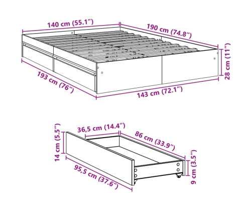 Cama con cajones madera de ingeniería negro 140x200 cm